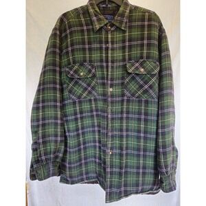 Large TALL Shirt Jacket Chesterfield Quilted Lined Green Blue Plaid Vintage Warm